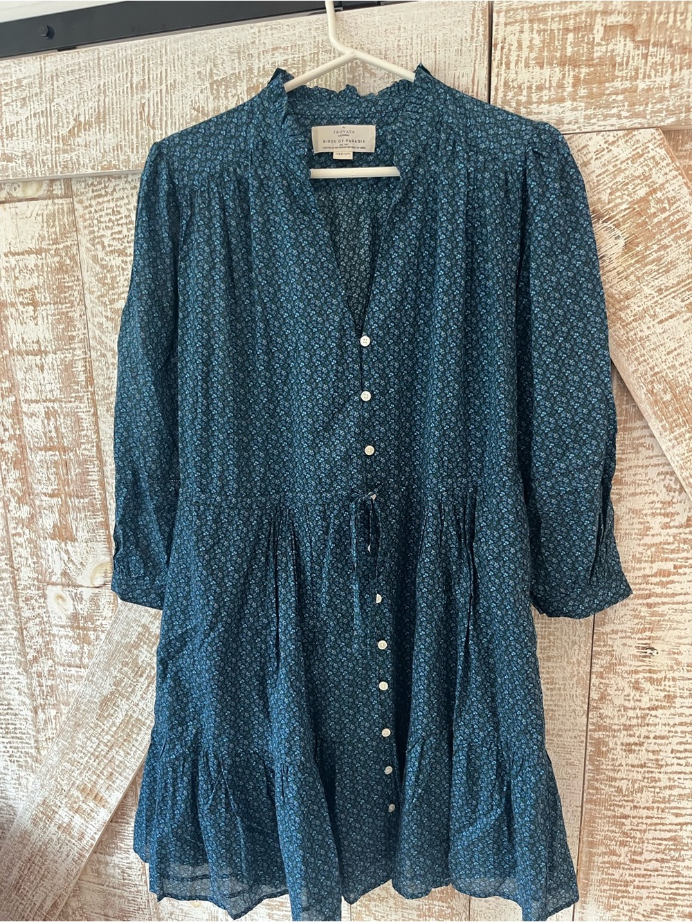 Trovata Birds of Paradise Button-Front Teal/Navy Cotton Floral Dress Size Med